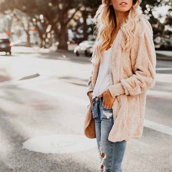 Tan Soft Cozy Pocket Hood Sherpa Lightweight Fleece Teddy Jacket Coat cardigan - Picture 5 of 7